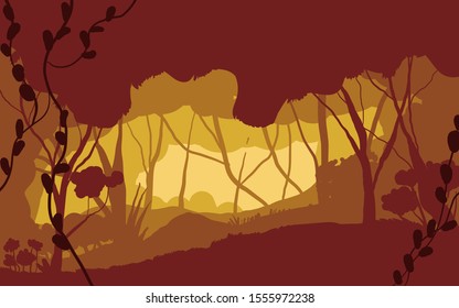 Dark forest in autumn. Sun light from sky through leaves. Orange color represent falls. EPS10, VECTOR, Illustration.