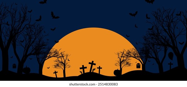 dark forest with bare trees with eyes and flying bats with an orange moon on a dark blue night sky. Perfect for horror, Halloween backgrounds. Vector Illustration.