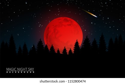 Dark Forest and Big Red Moon. Vector Illustration Modern Background