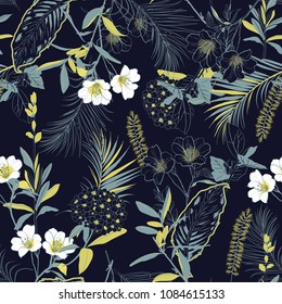 Dark forest blooming garden outline and hand painting flowers many kind of floral in seamless pattern vector illustration on  navy blue background