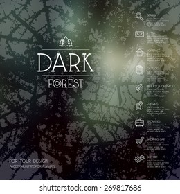 Dark forest blurred background, business icons in thin line style and seamless pattern. Web and mobile interface template. 