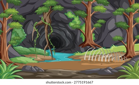 Dark Forest Cave Landscape with River and Animal Bones Illustration Vector