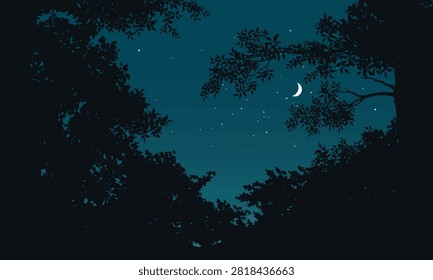 Dark forest frames a starry night sky. Crescent moon glows softly above the branches. Twinkling stars dot the deep blue expanse. Silent trees stand tall in moonlight's glow
