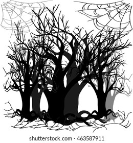 dark forest, gnarled roots and branches on a white background