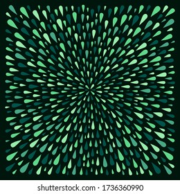 Dark forest green, emerald square shape, radial pattern made of uneven drops, droplets of various size, splash, spray, splatter. Eco, vegan abstract background. Template for text, borders, frames.