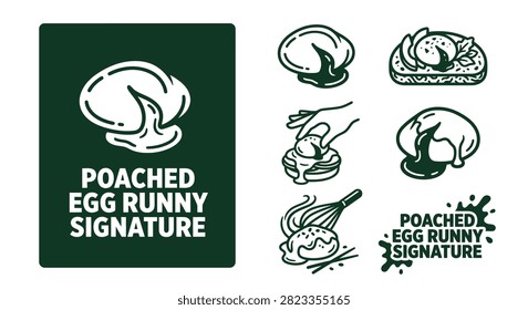 Dark forest green and white vector icon set featuring poached eggs with runny yolks, including toast plating, cooking steps, and signature text labels for restaurant branding.
