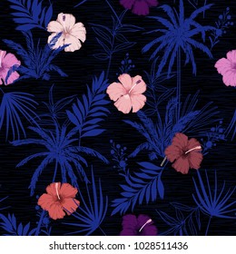 Dark forest  Hawaii print vector seamless beautiful artistic Bright summer tropical pattern with exotic forest. Colorful original stylish floral hibiscus mix with leaves  background , on black