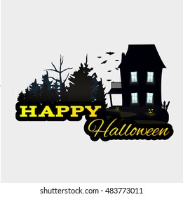 Dark forest with the house and glowing pumpkins vector illustration
