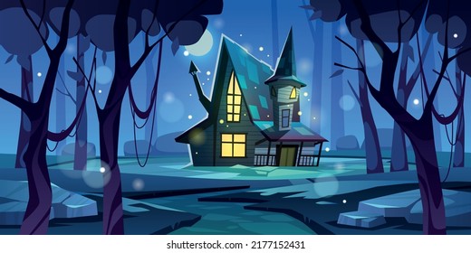 Dark forest house. Mysterious night home in wood, gaming location, spooky witch habitation, halloween nature landscape, horizontal illustration mystery moonlight, horror tidy vector concept