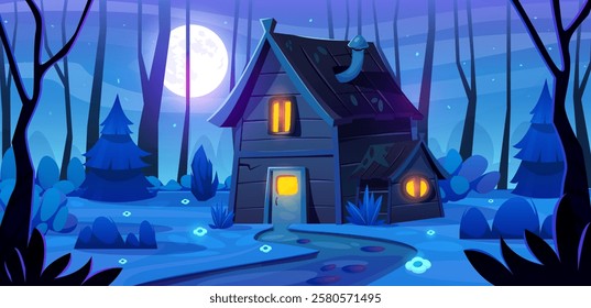 Dark forest house. Witch cabin in night jungle or swamp, mysterious hut scary trees magic spooky home magic fantasy game wild countryside landscape, swanky vector illustration original artwork