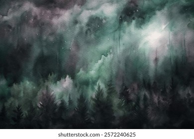 Dark forest landscape, ethereal watercolor style, misty atmosphere, serene nature scene, artistic background, tranquil mood.