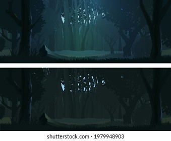 Dark forest landscape, evening and night view, vector scenery background with deciduous trees, grass, rock and dim light falling through trunks on ground. Cartoon summer wood panoramic landscape