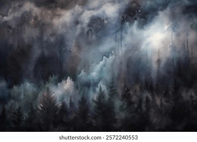 Dark forest landscape, misty atmosphere, watercolor painting, serene nature scene, dreamy night sky.