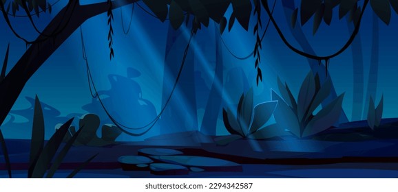 Dark forest landscape at night. Jungle scenery with silhouettes of trees, plants and bushes in moonlight. Glade in deep woods or park at night, vector cartoon illustration