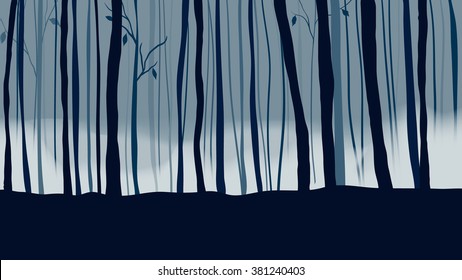 Dark forest with mist and fog