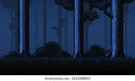 Dark forest at night pixel art. Horizontal seamless pixelated backdrop for 8-bit video-game level.