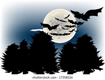 Dark forest at night with some bats silhouettes