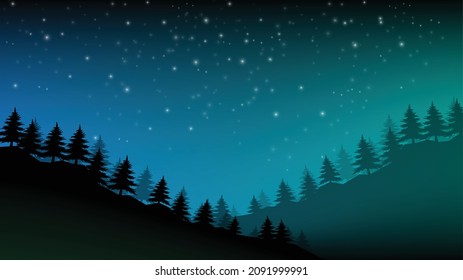 dark forest pine trees at night with stars vector bg silhouette background blue green black colors