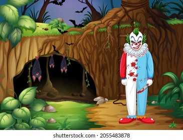 Dark forest scene with creepy clown cartoon character illustration