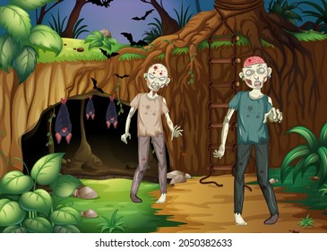 Dark forest scene with creepy zombie cartoon character illustration