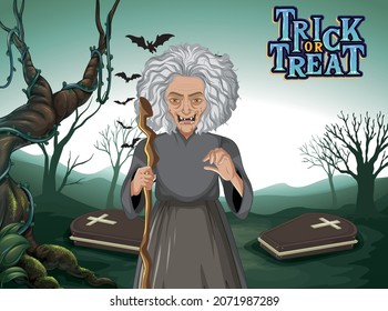 Dark forest scene with wicked old witch illustration
