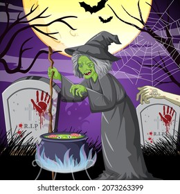 Escena del bosque oscuro con malvada ilustración de bruja antigua