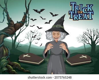 Dark forest scene with wicked old witch illustration