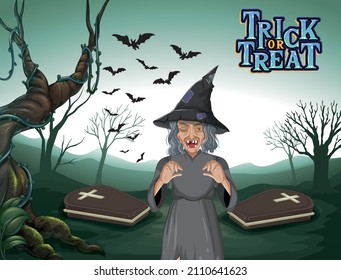 Dark forest scene with wicked old witch illustration