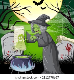 Dark forest scene with wicked old witch illustration