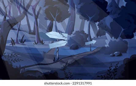 Dark forest with signpost. Pointers among trees. Beautiful natural panorama and landscape. Navigation in jungle and rainforest. Signboard and plate. Cartoon flat vector illustration