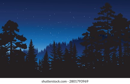 Dark forest silhouette against star-filled night sky. Trees stand tall, quiet, and mysterious. Misty hills fade into twilight's soft glow. Stars dot the deep blue, shimmering above