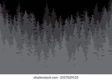 Dark forest silhouette. Grayscale tree layers. Dense woodland outline. Mysterious vector art.