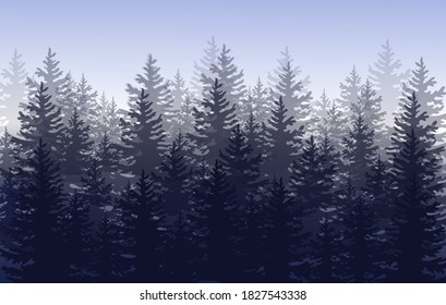 Dark forest silhouette on light blue background. Vector illustration.