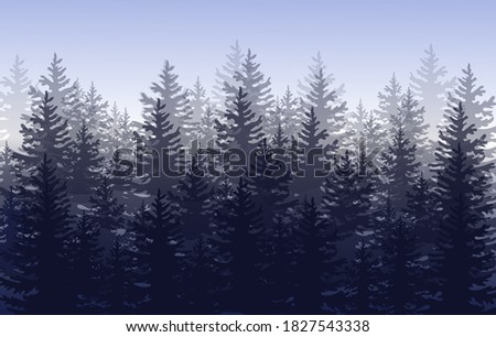Dark forest silhouette on light blue background. Vector illustration.