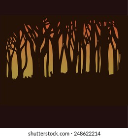 Dark forest in sunset light, silhouettes of trees. EPS10. Vector illustration. Hand drawn. 