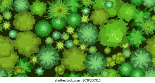 Dark forest. Top view of the landscape from a height. Green summer scenery with trees. Seamless illustration in flat style. Cartoon design. Vector