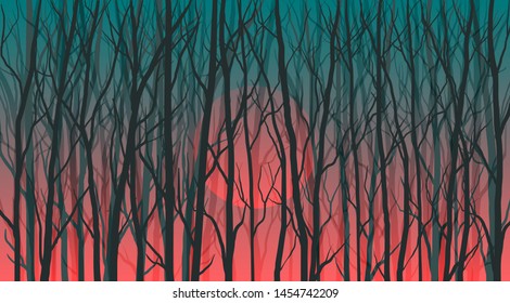 dark forest in the twilight vector illustration. silhouettes of the trees with bare branches and aurora sky