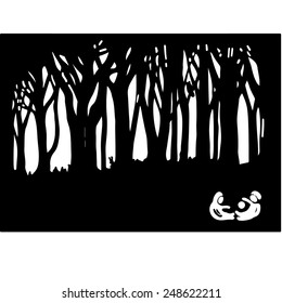 Dark forest with two playing children, silhouettes of trees. Vector illustration. Hand drawn. 