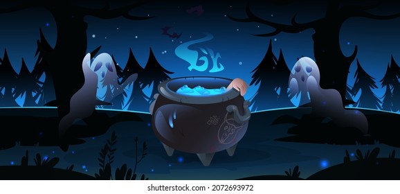 Dark forest with witch cauldron and ghosts at night. Halloween background with old cooking boiler with blue boiling magic potion, hand and smoke. Vector cartoon illustration with cauldron in wood