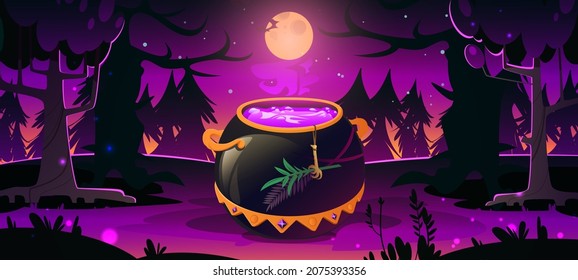 Dark forest with witch cauldron, trees silhouettes, purple light and moon at night. Halloween background with gold cooking boiler with magic potion. Vector cartoon illustration with cauldron in wood