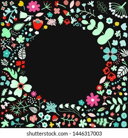 Dark frame with summer flowers for invitation or promotion. Variety of forest plants and flowers. Botanical border for your creative.