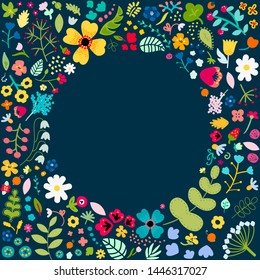 Dark frame with summer flowers for invitation or promotion. Variety of forest plants and flowers. Botanical border for your creative.