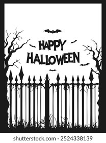 Dark frame text inscription Happy Halloween, black old cemetery fence and silhouette of bats, postcard on white background.