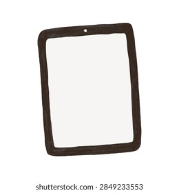 A dark framed tablet computer with a blank white display and a front facing camera hole at the top center