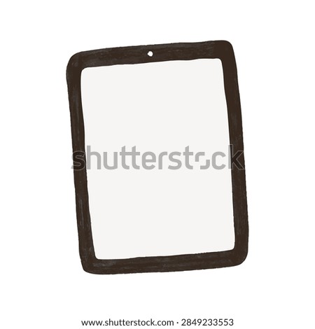 A dark framed tablet computer with a blank white display and a front facing camera hole at the top center