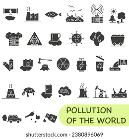 Dark full environmental pollution icons. Causes and consequences of environmental pollution. EPS 10.