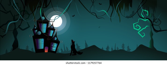 Dark, Full Moon Night header or banner design with hunted home and yelling wolf for Halloween festival concept.