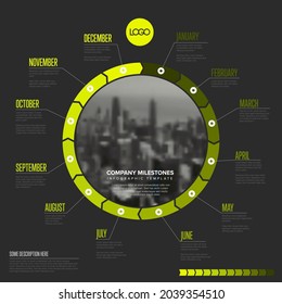 Dark Full Year Timeline Template With All Months On Circle Blue Blocks. All Months Of The Year On One Infographic Time Line Layout With Photo In The Middle