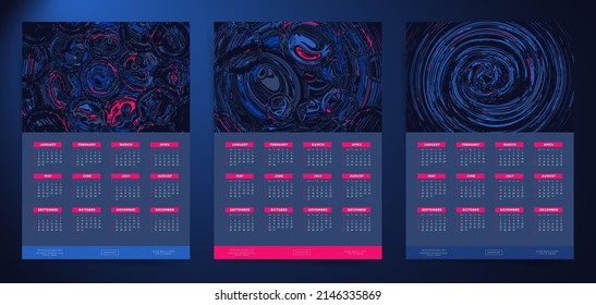 Dark futuristic abstract 2023 year calendar design. Set of 12 months 2023 calendars with abstract technology space shapes. Vector wall calendar backgrounds.	