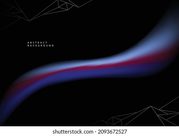 Dark futuristic abstract background with the white, red, and blue blurry splash and disguised triangle lines visualizing a connection within the black background. Background for technology concepts.